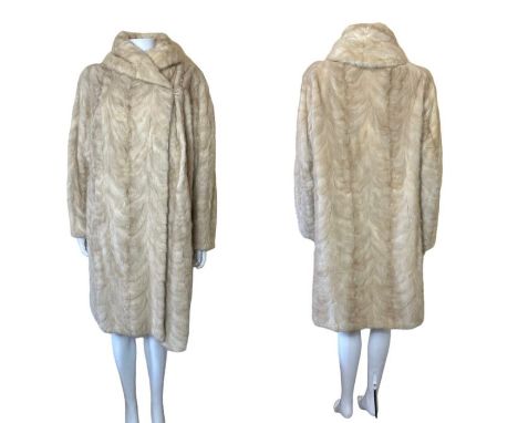 A chevron set 1950s/60s palomino mink coat, 3/4 length. swing tie and hook to fasten, satin lining. 50 inch/ 128 cm bust (L/ 