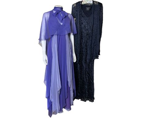 Vintage dresses and handbags to include a 1970s chiffon gown by Jack Bryan, a Helen David for English Eccentrics 1930s style 