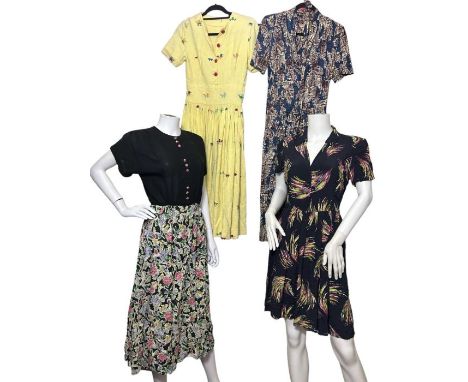 four great quality 1940s dresses to include a hand embroidered linen dress in yellow, a rayon jersey dress complete with belt