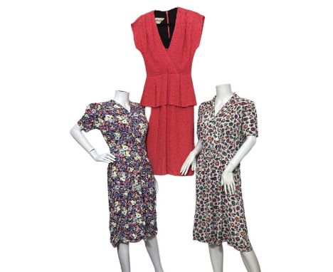 a 1940s cold rayon dress with novelty print featuring geese and flowers, a 1940s style 1970s dress by Young Edwardian and a 1