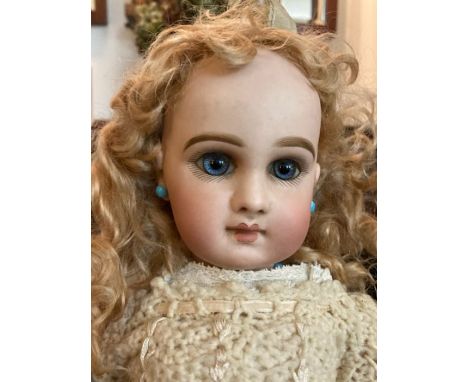 Antique Doll French Bisque BeBe Depose Jumeau 19” Fine Socket head doll c 1885. Head is incised DEPOSE JUMEAU on neck and m a