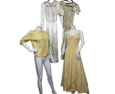 A 1930s/40s&nbsp; wedding dress with sequined tulle yoke, a cream 1930s evening gown or wedding dress in satin and lace and a