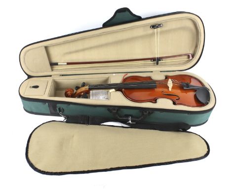 An Antoni student violin, bow and case. Model ACV31, 57cm long