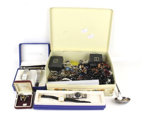 An assortment of costume jewellery. Including a boxed Geneva watch set, cufflinks, necklaces, etc.