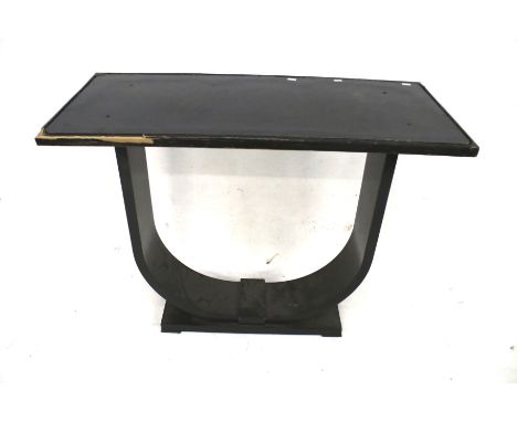 A 20th century console table. Painted black with a shaped support, H85cm x W104.5cm x D46cm