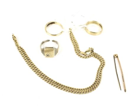 A collection of jewellery. Including a vintage Italian 9ct gold filed-curb link necklace and two band rings. Various dates, 1