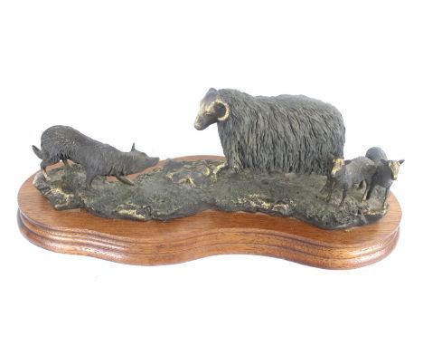 A Border Fine Arts Limited Edition bronzed effect model of a sheep and a sheep dog. On a wooden base, L31cm