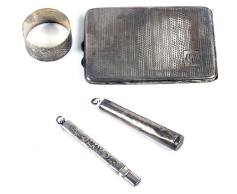 A small collection of silver. Including an oblong cigarette case with engine turned bands and a reserve with foliate-script i