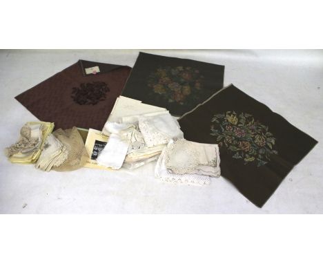 Collection of assorted vintage fabric. Including tapestries, crochet and doilies, etc.