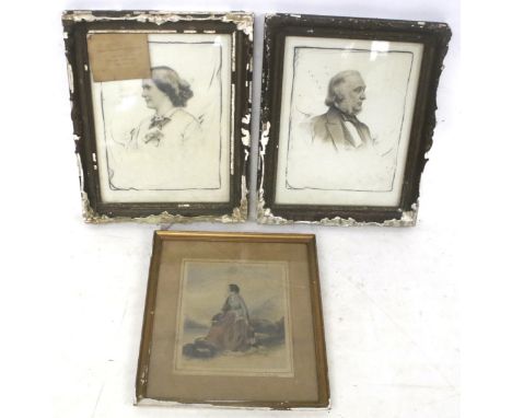 Three Victorian portrait pictures. Consisting of a watercolour of a lady in a landscape and two sketches label on reverse 'C.