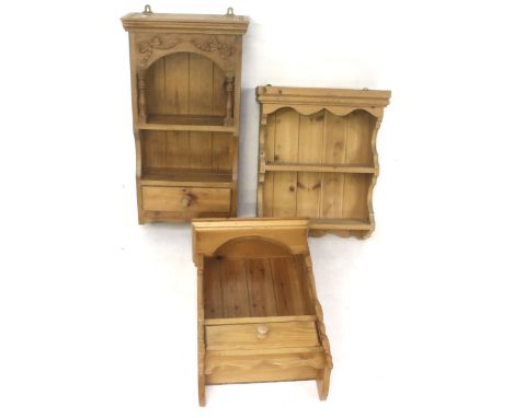 Three assorted pine shelf wall units. Two with plate racks, Max. H78cm