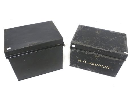 Two vintage tin document boxes. Both painted black with handles to either side, largest L45cm