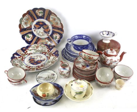 A collection of assorted vintage Oriental ceramics. Including a Japanese tea set and two large Imari plates, etc. Max. H9cm