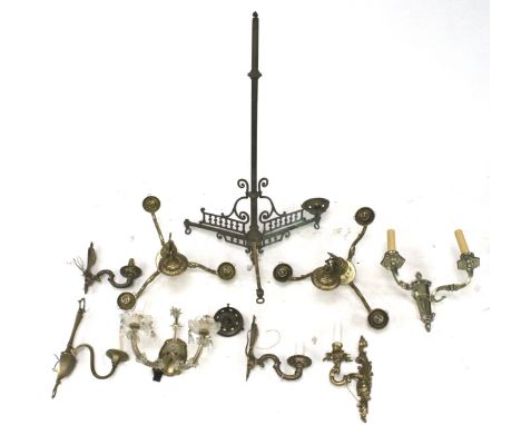 A collection of vintage wall and ceiling lights. Including a three branch chandelier with glass droplets, H45cm