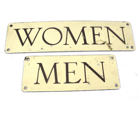 Two vintage brown and cream enamel door signs. 'WOMEN' & 'MEN'. Max. 23cm x 6cm