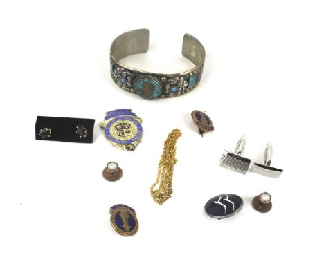 A small collection of jewellery. Including a gem set intarsia torque bangle; a pair of chrome baton-twist cufflinks; a pair o
