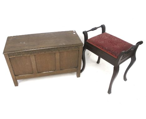 A vintage piano stool and oak blanket box. L85cm x D37cm x H52cm