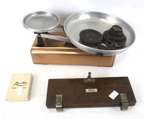 Set of vintage Lock's balance kitchen scales with weights and a tie press, etc. Max. H14cm
