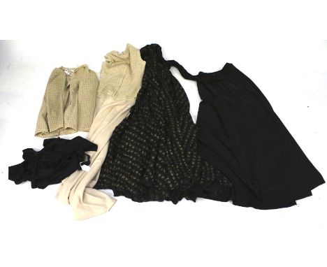 Three vintage outfits. Comprising two-piece outfits; an Angela Gore black skirt and top and a Davisella blush and gold dress 