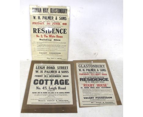 Three vintage W H Palmer & Sons auction posters. Local interest Glastonbury & Street. Max. 51cm x 76cm