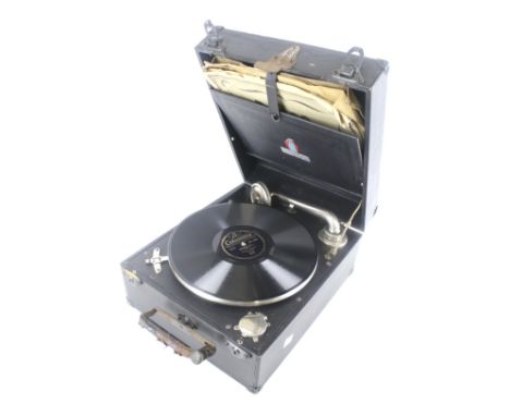 A vintage portable gramophone. With a Dulcetto fitting, within a black case with handle to the top, L34cm