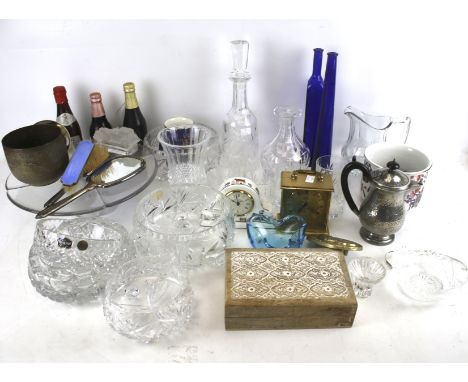A collection of assorted glassware and ceramics, etc. Including a cake stand, champagne flutes and a mantle clock, etc. Max. 