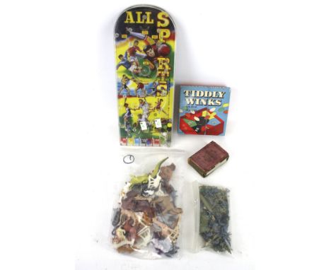 An assortment of vintage toys and games. Including a range of model animals (some Britains examples), model soldiers 1:72 sca