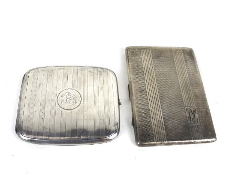 Two silver cigarette cases. Comprising one with rounded corners and sides, engine turned bands and a round reserve with folia