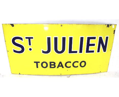 A vintage enamel advertising sign 'St Julien Tobacco'. On a yellow ground with blue lettering. 93cm x 45cm