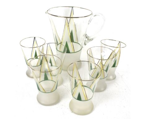 An Art Deco style glass lemonade set. Including jug and six glasses. Max. H19cm