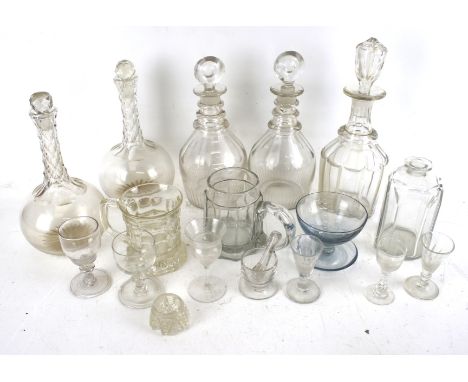 A collection of assorted vintage glassware. Including five decanters, hand blown drinking glasses, etc. Max. H30cm Condition 