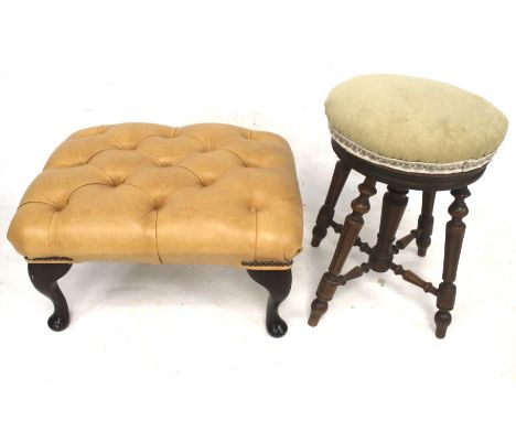 A vintage oak piano stool and a deep button top footstool. The oak framed piano stool with a rotating top upholstered in gree