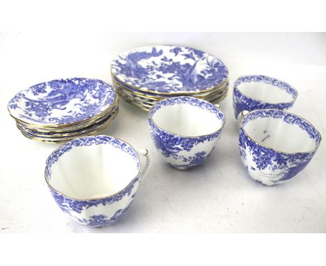 A vintage Royal Crown Derby blue and white four piece tea service. Birds in foliage. Max. H8cm