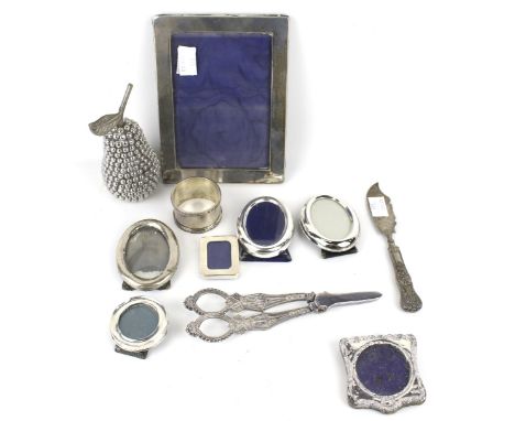 A small collection of silver and plated items. Including a small rectangular silver mounted photograph frame, hallmarks for B