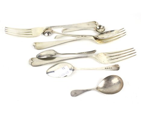 A collection of miscellaneous George III and later Old English pattern silver flatware. Including a crested table fork, Londo