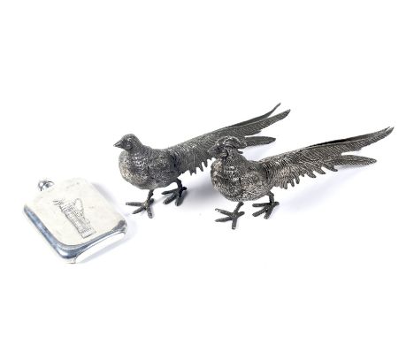 Two silver plated pheasants and a hip flask. The hip flask embossed with a golf bag, H13cm, the phesants H14cm