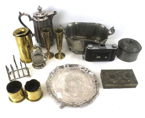 A collection of silver plate and other collectables. To include a plated shaped-round waiter; various brass 'Trench Art'; a c