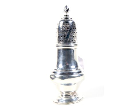 A vintage silver vase shaped sugar caster in George III style. The pierced cover with a flame finial, hallmarks for J B Chatt