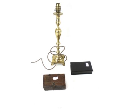 A vintage brass table lamp base and two boxes. H39cm