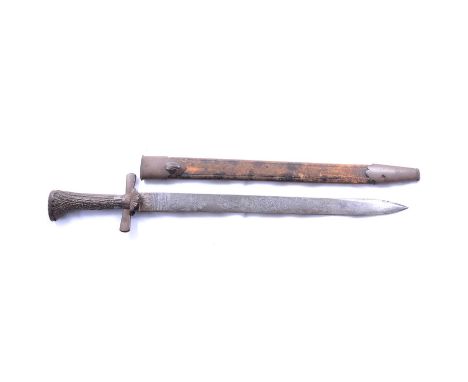 Bavarian hunting sword, 19th century, 41cm blade engraved with a boar and stag, stamped head mark, horn handle, leather scabb