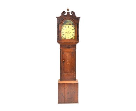 Oak and mahogany longcase clock, hood with urn finial and swan neck pediment, turned columns, trunk with short door, twelve i