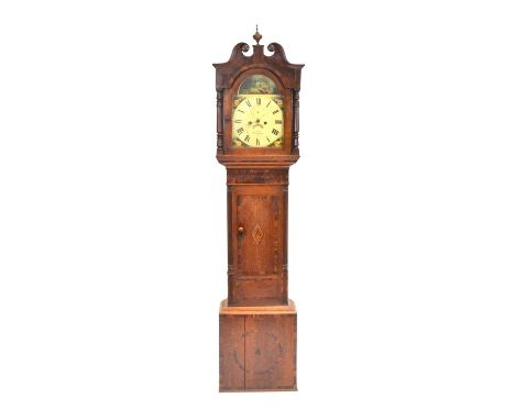 Oak and mahogany longcase clock, hood with urn finial and swan neck pediment, turned columns, trunk with short door, twelve i