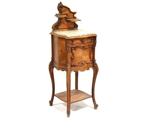 French walnut pedestal, marble top, cavred decoration, serpentine front, the cabriole legs joined by a shelf, width 39cm, dep