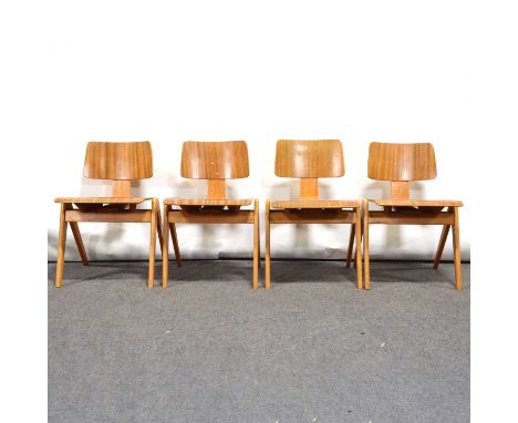 Robin Day for Hille, a set of four 'Hillestak' chairs, moulded plywood back and seat, beechwood frames, 71cm high.Qty: 4Condi