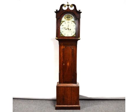 Oak and mahogany longcase clock, hood with bird finial and swan neck pediment, fluted columns, trunk with long door, plinth b