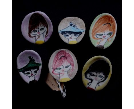 Set of six ceramic buttons with painted portraits, Italian, 1960's.