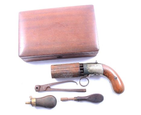 Coopers Patent pepperbox 6-shot revolver, as found, engraved "Thomas Buckley Wooden Box 1855"; with small powder flask, bulle