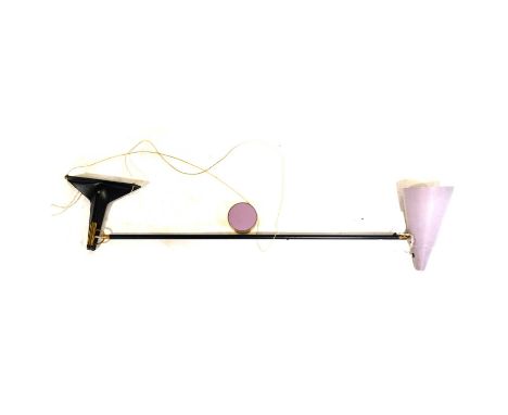 Mid-century style anglepoise wall-light, with counterweight, black lacquered arm and bracket with lacquer brass, the shade an