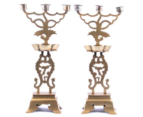 Pair of cast brass Chinese three-light candelabra, 39cm.Qty: 2