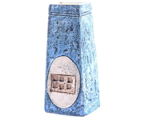 Louise Jinks for Troika Pottery, a textured Coffin vase, blue ground, painted marks, 17cm.Condition report:In good overall co